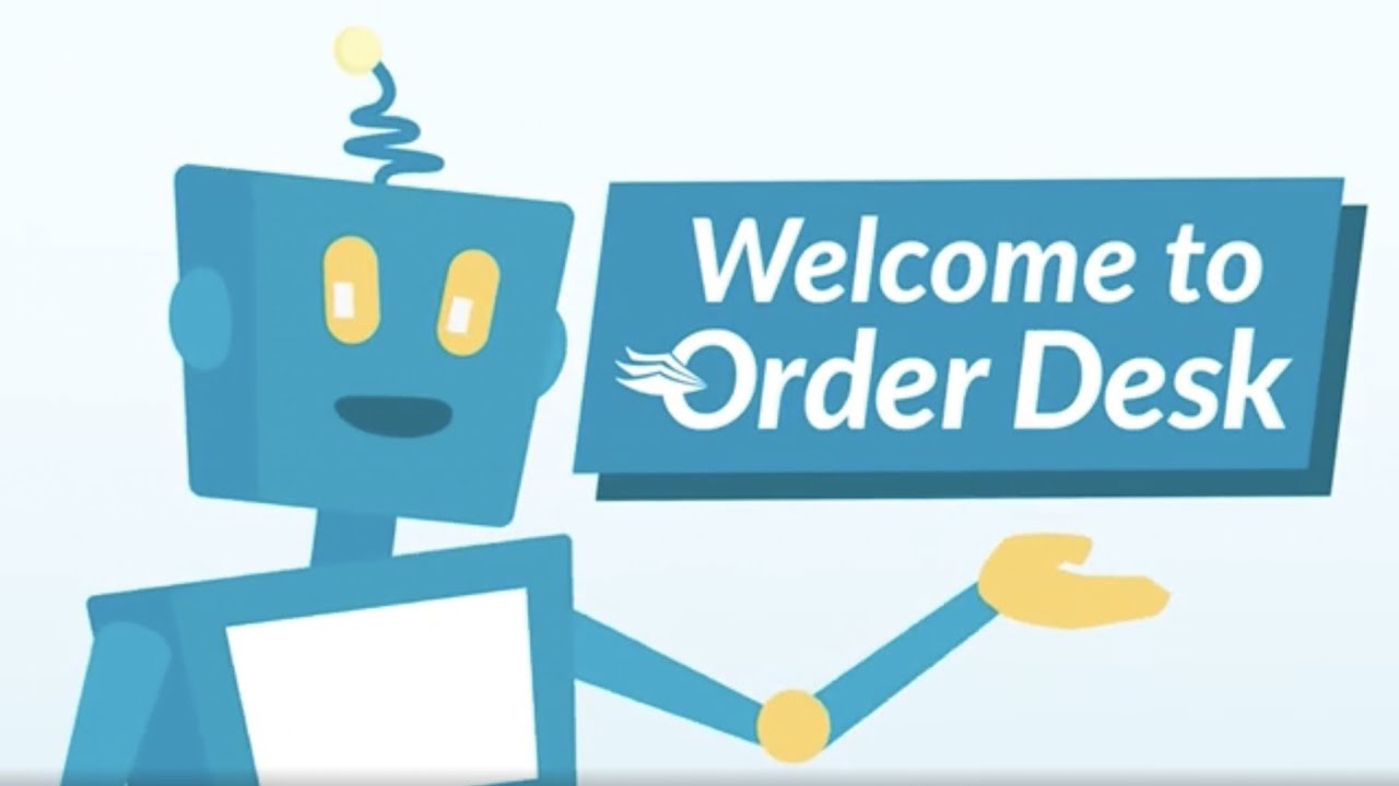 Animated robot next to a sign reading Welcome to Order Desk